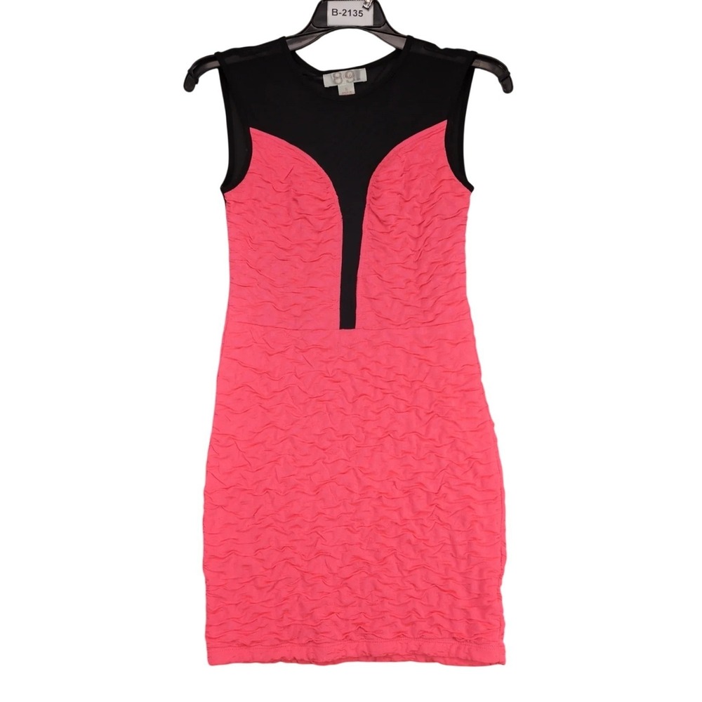 La Vie 89 Coral Pink Bodycon Mini Dress Sz S Sheer Black Mesh Ruched Clubwear